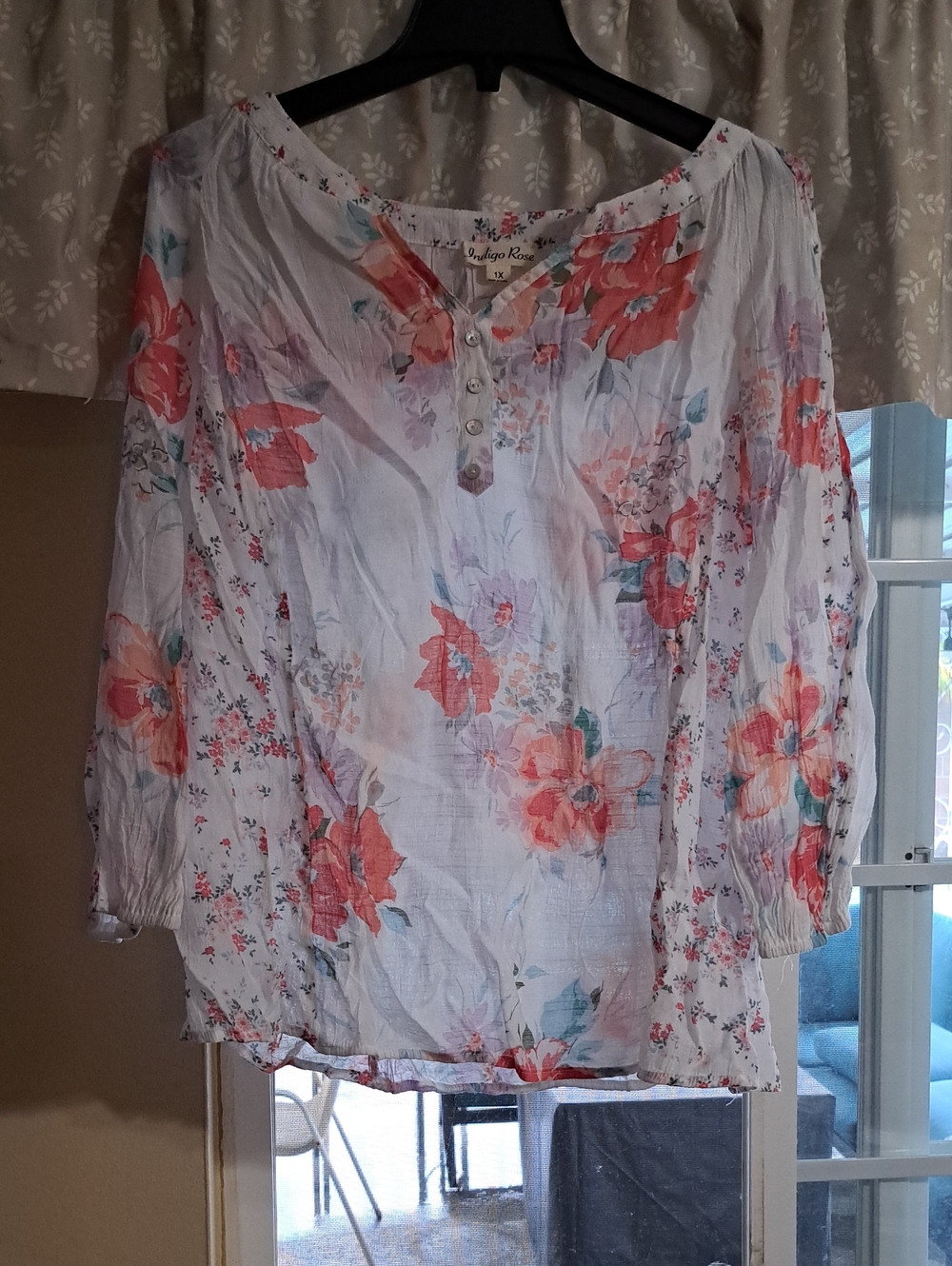 White Floral Button-Front Peasant Blouse